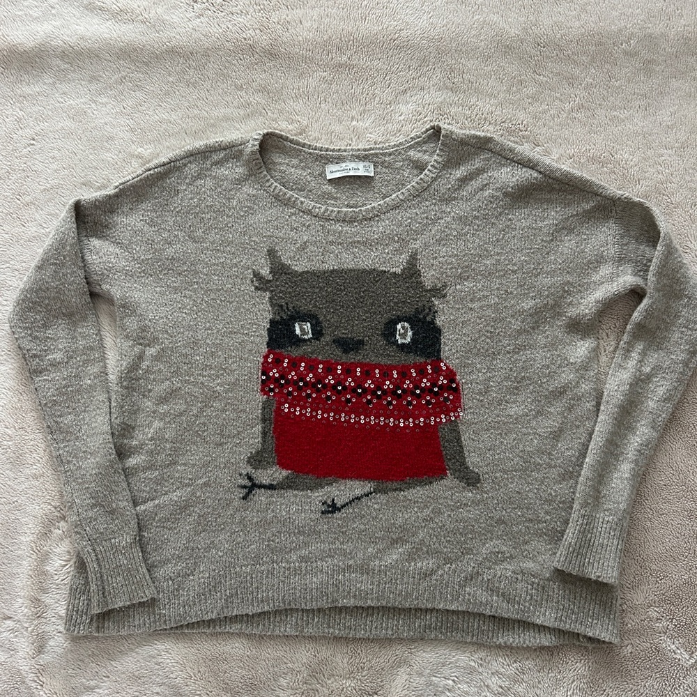 Abercrombie & Fitch Taupe Owl Christmas Holiday Sweater with Sequins, Size Small - Picture 3 of 8
